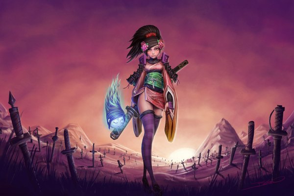 Anime picture 1920x1280 with oboro muramasa (game) vanillaware momohime single highres brown hair ponytail landscape field girl thighhighs weapon sword armor striped thighhighs soul