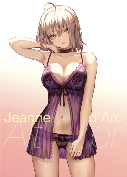 Anime picture 1074x1500 with fate (series) fate/grand order jeanne d'arc (fate) (all) jeanne d'arc alter (fate) mashuu (neko no oyashiro) single tall image looking at viewer fringe short hair breasts light erotic simple background blonde hair hair between eyes large breasts standing bare shoulders yellow eyes cleavage