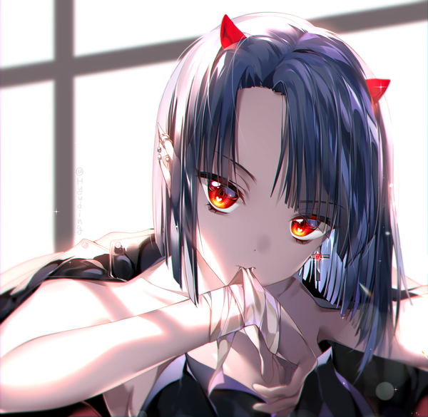 Anime picture 2108x2056 with original hhgy0925 single looking at viewer fringe highres short hair red eyes holding signed blue hair upper body indoors horn (horns) pointy ears fang (fangs) twitter username piercing mouth hold ear piercing