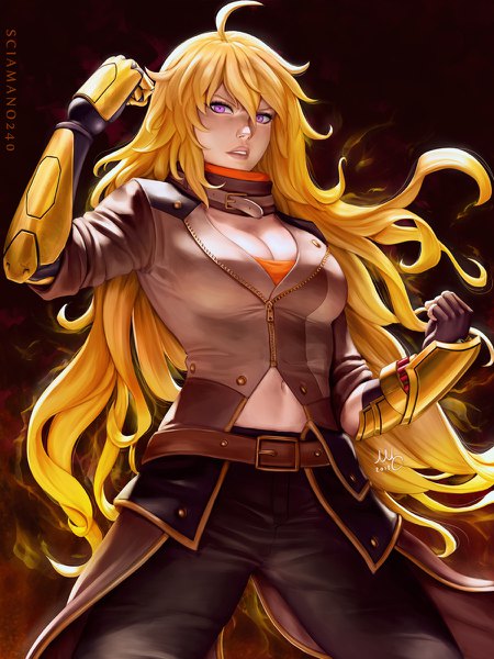 Anime picture 900x1200 with rwby yang xiao long sciamano240 single long hair tall image looking at viewer fringe breasts light erotic simple background blonde hair hair between eyes large breasts standing purple eyes signed cleavage ahoge parted lips