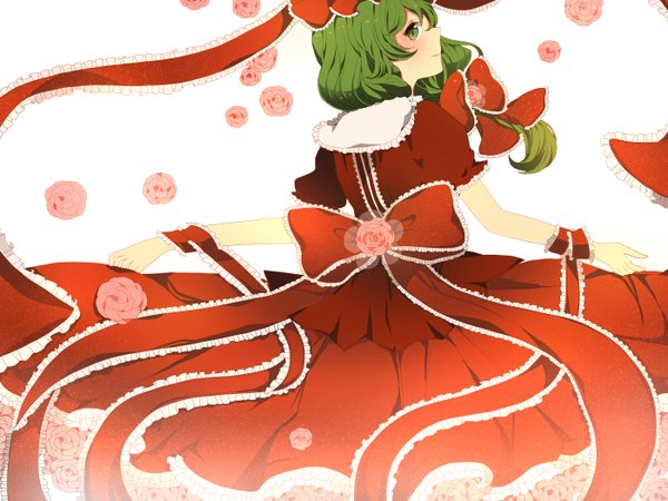 Anime picture 2800x2100 with touhou kagiyama hina komine (artist) single long hair highres smile green eyes profile green hair from behind girl dress flower (flowers) ribbon (ribbons) bow hair bow red dress