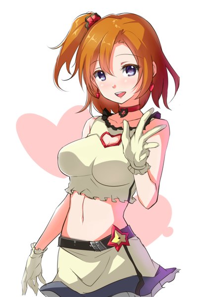Anime picture 1060x1500 with love live! school idol project sunrise (studio) love live! kousaka honoka saiste single tall image looking at viewer blush short hair simple background smile brown hair white background purple eyes one side up girl skirt gloves navel