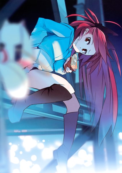 Anime picture 2822x4000 with mahou shoujo madoka magica shaft (studio) sakura kyouko kyuubee akitsu taira (artist) long hair tall image highres smile red eyes ponytail red hair scan girl jacket boots