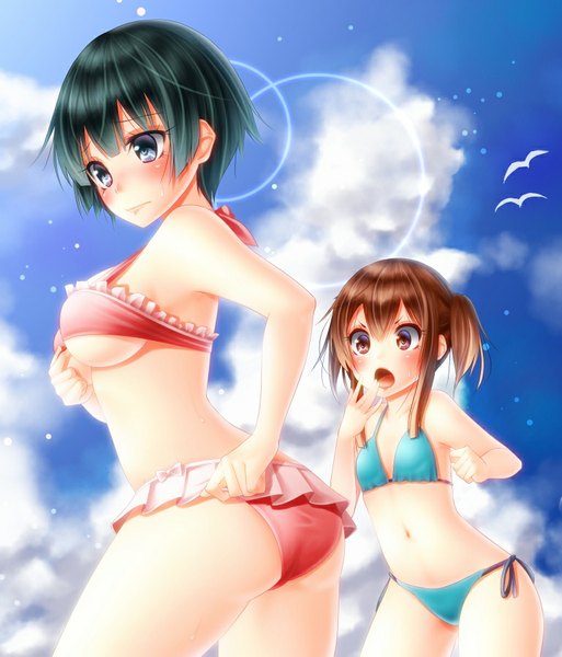 Anime picture 769x899 with original noppi (noppi 98) tall image blush short hair breasts open mouth blue eyes light erotic brown hair multiple girls brown eyes sky cloud (clouds) ass green hair flat chest girl navel 2 girls