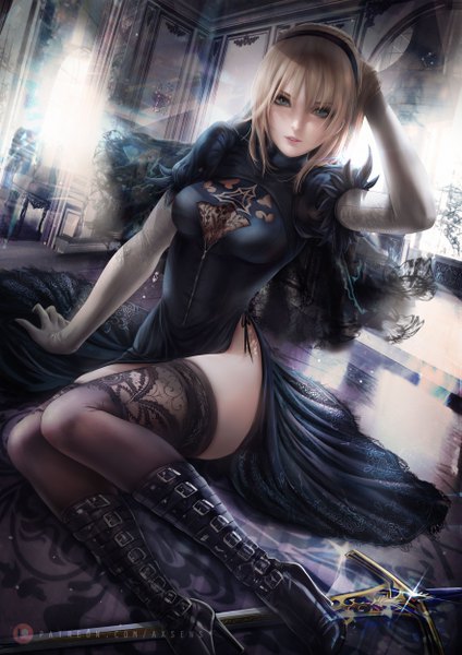 Anime picture 3532x5000 with fate (series) nier nier:automata artoria pendragon (all) saber yorha no. 2 type b axsen single tall image looking at viewer blush fringe highres short hair breasts light erotic blonde hair hair between eyes sitting green eyes