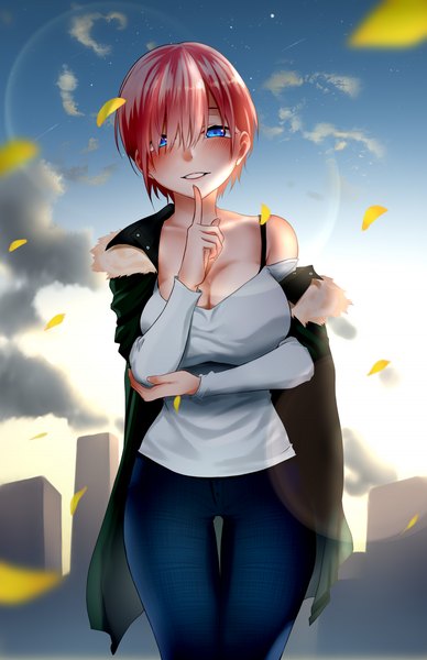 Anime picture 1295x2000 with go-toubun no hanayome nakano ichika zasshu single tall image looking at viewer blush fringe short hair breasts blue eyes smile large breasts standing pink hair sky cleavage cloud (clouds) outdoors hair over one eye
