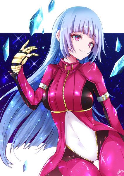 Anime picture 2480x3508 with the king of fighters snk kula diamond yanagiba sakana single long hair tall image fringe highres smile blue hair looking away blunt bangs pink eyes sparkle thigh gap covered navel outside border girl bodysuit