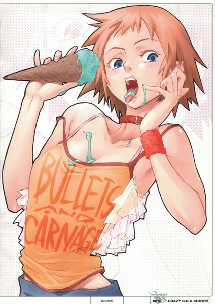 Anime picture 2250x3185 with dogs: bullets & carnage david production mimi miwa shirow mori kotaro single tall image blush highres short hair open mouth blue eyes scan orange hair inscription official art zoom layer licking girl food
