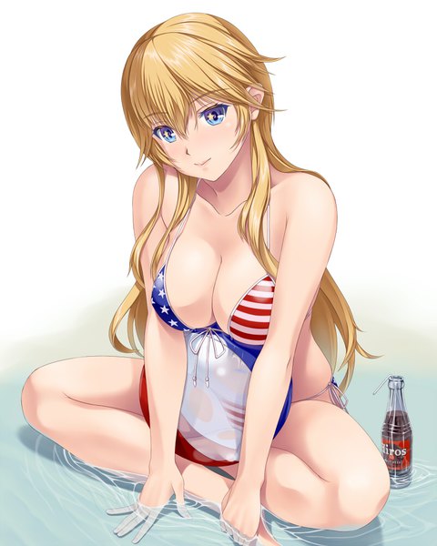Anime picture 800x1000 with kantai collection iowa (kantai collection) hammerman benkei single long hair tall image looking at viewer fringe breasts blue eyes light erotic blonde hair simple background hair between eyes sitting cleavage full body symbol-shaped pupils indian style flag print