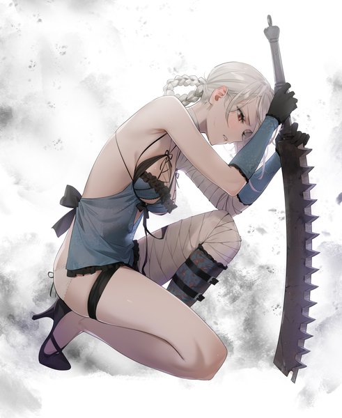 Anime picture 3952x4826 with nier kaine (nier) yd (orange maru) single tall image blush fringe highres short hair breasts light erotic simple background large breasts holding brown eyes absurdres silver hair bent knee (knees) braid (braids) profile