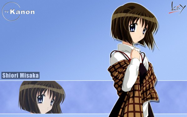 Anime picture 1920x1200 with kanon key (studio) misaka shiori highres short hair blue eyes brown hair wide image girl sweater