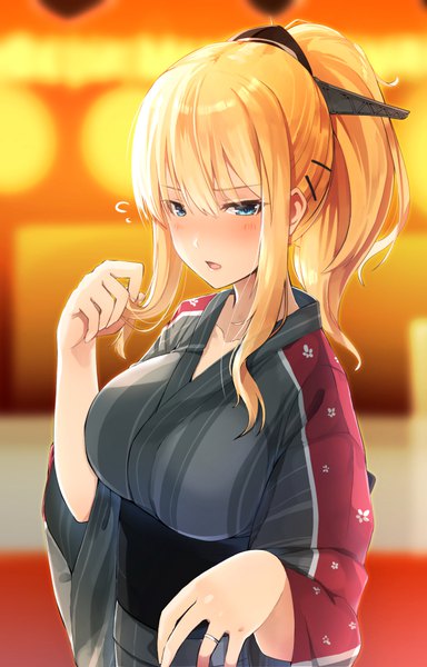 Anime picture 641x1000 with kantai collection bismarck battleship meth (emethmeth) single long hair tall image looking at viewer blush fringe breasts open mouth blue eyes blonde hair hair between eyes large breasts standing holding payot upper body ponytail