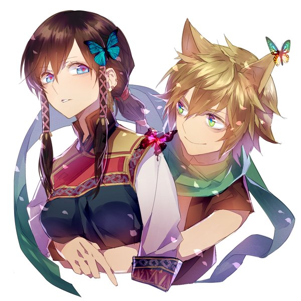 Anime picture 1440x1440 with original tayuya1130 long hair fringe short hair open mouth blue eyes simple background smile brown hair white background green eyes animal ears teeth couple piercing hug from behind girl boy hair ornament
