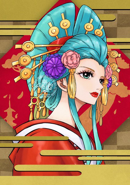 Anime picture 1448x2048 with one piece toei animation komurasaki (one piece) sherumaru (korcht06) single tall image short hair standing signed payot looking away upper body traditional clothes japanese clothes hair flower aqua eyes lips aqua hair twitter username lipstick