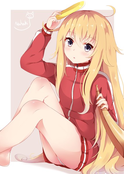 Anime picture 1300x1820 with gabriel dropout doga kobo tenma gabriel white nahaki single long hair tall image looking at viewer blush fringe open mouth blue eyes light erotic blonde hair hair between eyes sitting holding signed ahoge :o