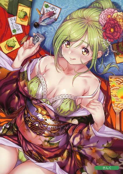 Anime picture 2465x3500 with melonbooks kink single tall image looking at viewer blush highres breasts light erotic brown eyes traditional clothes japanese clothes hair flower green hair scan undressing iroha karuta girl hair ornament underwear