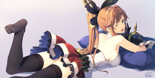 Anime picture 1920x967 with granblue fantasy clarisse (granblue fantasy) yoshino ryou single long hair looking at viewer blush fringe highres breasts open mouth light erotic smile brown hair wide image bare shoulders signed payot ass ponytail