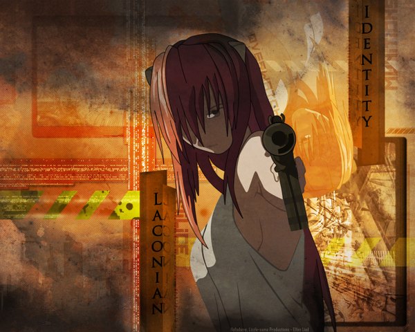 Anime picture 1280x1024 with elfen lied arms corporation lucy single long hair looking at viewer fringe bare shoulders pink hair horn (horns) hair over one eye inscription zoom layer angry girl white shirt gun