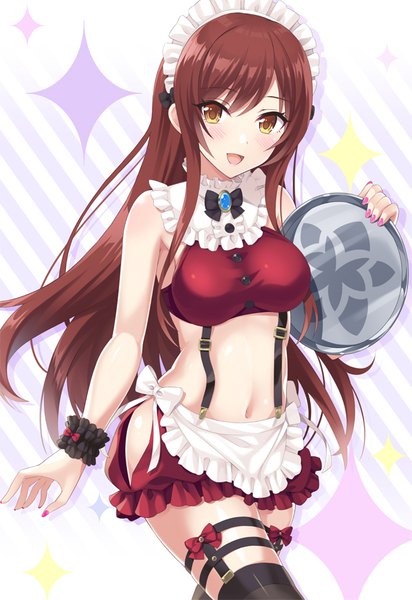 Anime picture 619x900 with idolmaster idolmaster shiny colors oosaki amana urabi (tomatohouse) single long hair tall image looking at viewer blush fringe breasts open mouth light erotic brown hair large breasts standing holding brown eyes payot nail polish