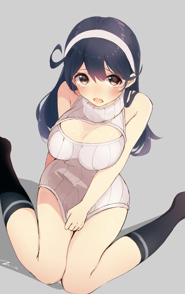 Anime picture 1332x2111 with kantai collection ushio destroyer tebi (tbd11) single long hair tall image looking at viewer blush fringe breasts open mouth light erotic black hair simple background large breasts brown eyes cleavage from above grey background wariza