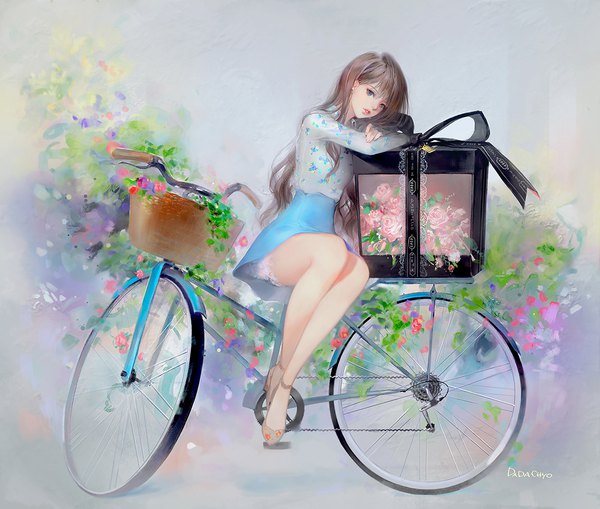 Anime picture 1100x934 with original dadachyo single long hair fringe blue eyes brown hair sitting signed full body lipstick pink lipstick girl skirt flower (flowers) miniskirt rose (roses) ground vehicle box pink rose