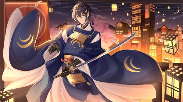 Anime picture 4000x2248 with touken ranbu nitroplus mikazuki munechika airs single fringe highres short hair black hair smile hair between eyes wide image signed absurdres cherry blossoms watermark crescent boy gloves weapon