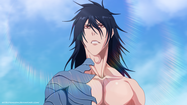 Anime picture 1200x675 with bleach studio pierrot kurosaki ichigo senjufm single long hair black hair wide image sky cloud (clouds) pink eyes coloring portrait light muscle boy