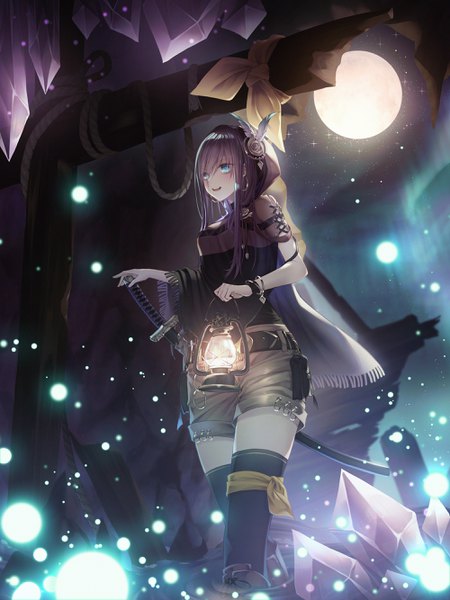 Anime-Bild 2000x2667 mit original cecil86 single long hair tall image blush fringe highres breasts open mouth blue eyes holding looking away purple hair hair over one eye night from below partially submerged walking aurora borealis