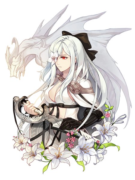 Anime picture 868x1157 with drakengard drag-on dragoon 3 zero (drag-on dragoon) mikhail (drag-on dragoon) kllsiren single long hair tall image fringe breasts red eyes large breasts white background holding looking away cleavage white hair fantasy underbust flower over eye
