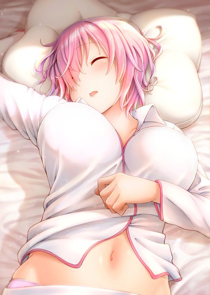 Anime picture 2976x4175 with fate (series) fate/grand order mash kyrielight otonari single tall image blush fringe highres short hair breasts open mouth light erotic large breasts pink hair upper body indoors lying eyes closed head tilt