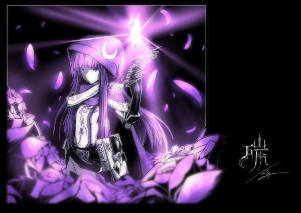 Anime picture 3507x2480 with touhou patchouli knowledge tan (carbon) single long hair highres purple eyes absurdres purple hair monochrome girl petals rose (roses) book (books) hood
