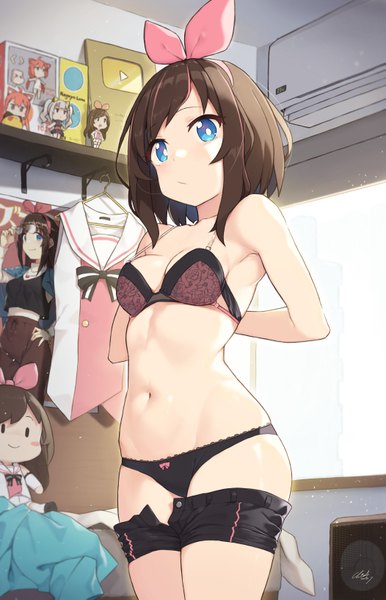 Anime picture 2101x3261 with virtual youtuber a.i. channel the moon studio hinata channel kizuna ai kaguya luna nekomiya hinata cloba single tall image looking at viewer fringe highres short hair breasts blue eyes light erotic brown hair standing bare shoulders