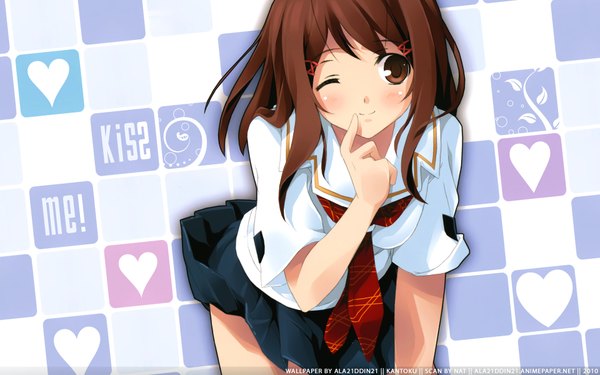 Anime picture 1920x1200 with kimi kiss hoshino yuumi kantoku ala21ddin21 single long hair looking at viewer highres smile brown hair wide image brown eyes signed one eye closed leaning wallpaper leaning forward finger to mouth third-party edit girl