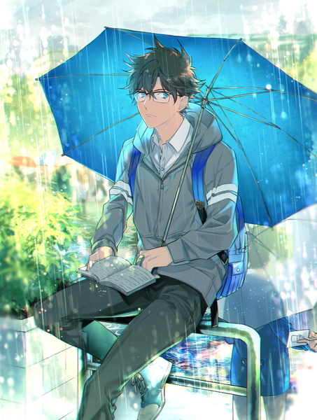 Anime picture 700x926 with detective conan kudou shinichi edogawa conan ro-a tall image looking at viewer fringe short hair blue eyes hair between eyes brown hair sitting holding full body bent knee (knees) outdoors from behind multiple boys solo focus rain