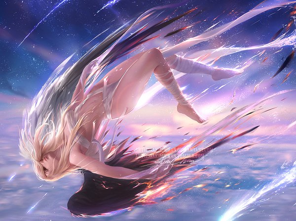 Anime picture 1000x745 with original sakimichan single long hair light erotic blonde hair sky cloud (clouds) bent knee (knees) eyes closed barefoot realistic black wings white wings upside down angel falling asymmetrical wings dissolving dissolving clothes