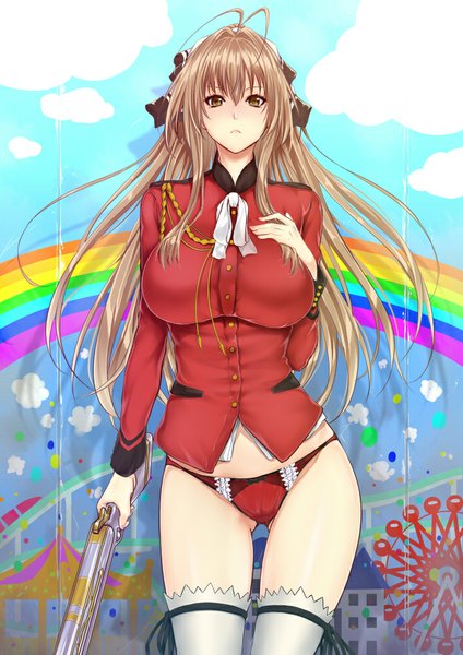Anime picture 706x1000 with amagi brilliant park kyoto animation sento isuzu zucchini single long hair tall image looking at viewer blush breasts light erotic brown hair large breasts brown eyes girl thighhighs underwear panties weapon white thighhighs
