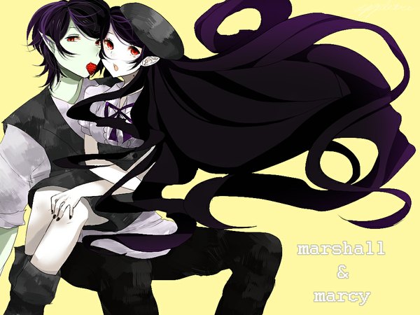 Anime picture 1024x768 with adventure time marceline (adventure time) marshall lee (adventure time) appletre (artist) long hair short hair open mouth black hair simple background red eyes sitting purple hair very long hair nail polish pointy ears couple crossed arms pale skin face to face yellow background