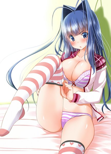 Anime picture 720x1000 with original alric (mu-h) single long hair tall image looking at viewer blush breasts blue eyes light erotic large breasts blue hair open clothes open shirt girl thighhighs underwear panties shirt striped thighhighs