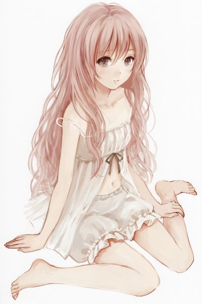 Anime picture 1916x2879 with original fukahire (ruinon) single long hair tall image blush fringe highres white background sitting pink hair pink eyes barefoot bare legs legs wariza girl navel