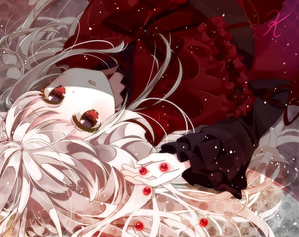 Anime picture 1100x872 with k-project gohands (studio) kushina anna single long hair looking at viewer blush open mouth red eyes white hair loli girl dress frills beads