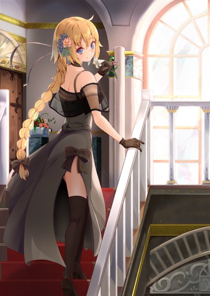 Anime picture 1723x2433 with fate (series) fate/grand order fate/apocrypha jeanne d'arc (fate) (all) jeanne d'arc (formal dress) (fate) nyoon single long hair tall image looking at viewer blush fringe highres blonde hair smile hair between eyes standing bare shoulders holding indoors