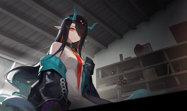 Anime picture 1360x804 with arknights dusk (arknights) huanxiang heitu single long hair looking at viewer fringe black hair red eyes wide image indoors horn (horns) pointy ears hair over one eye official art from below girl