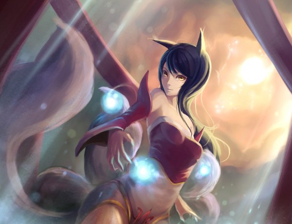Anime picture 2480x1900 with league of legends ahri (league of legends) fuka (artist) single long hair looking at viewer highres breasts black hair bare shoulders animal ears yellow eyes cloud (clouds) tail animal tail fox ears magic facial mark fox tail multiple tails