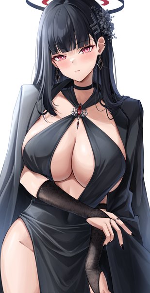 Anime picture 1552x3010 with blue archive rio (blue archive) lancheu single long hair tall image looking at viewer blush fringe breasts light erotic black hair red eyes large breasts standing blunt bangs nail polish head tilt hair flower fingernails