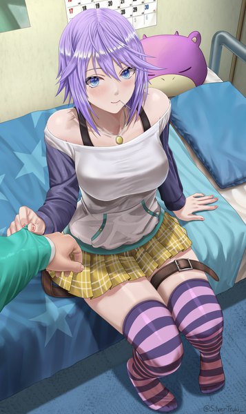 Anime picture 849x1428 with rosario+vampire shirayuki mizore silvertsuki tall image looking at viewer blush fringe short hair breasts blue eyes hair between eyes sitting holding purple hair bent knee (knees) indoors nail polish pleated skirt fingernails from above