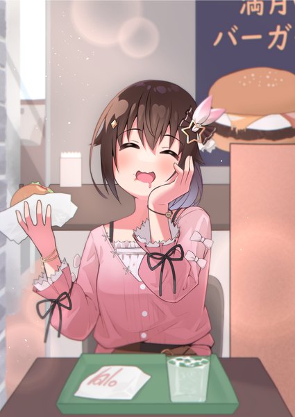 Anime picture 1463x2066 with virtual youtuber hololive tokino sora doradora oekaki single long hair tall image blush fringe open mouth smile hair between eyes brown hair sitting holding upper body indoors eyes closed long sleeves blurry