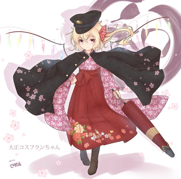 Anime picture 2728x2711 with touhou flandre scarlet coreytaiyo single looking at viewer highres short hair blonde hair red eyes standing signed full body traditional clothes japanese clothes alternate costume one side up floral print dated closed umbrella meiji schoolgirl uniform