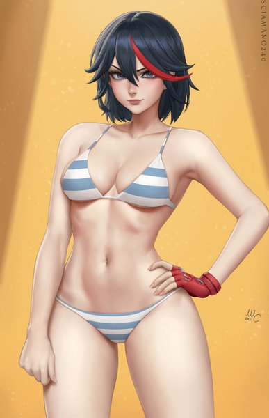 Anime picture 1933x3000 with kill la kill studio trigger matoi ryuuko sciamano240 single tall image looking at viewer fringe highres short hair breasts blue eyes light erotic black hair simple background hair between eyes large breasts standing signed cleavage