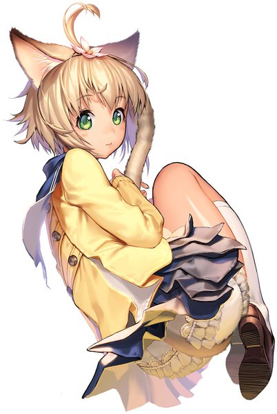 Anime picture 687x1024 with destiny child kkuem single tall image looking at viewer blush short hair light erotic blonde hair green eyes animal ears full body ahoge tail animal tail hair flower light smile cat ears cat girl cat tail