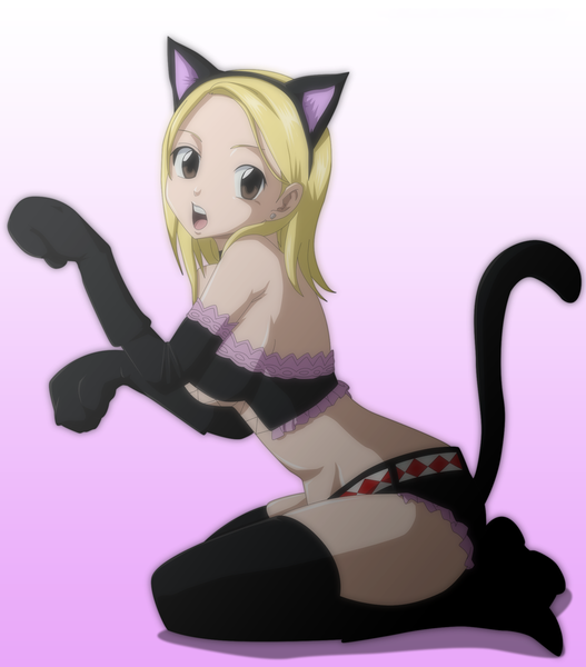 Anime picture 1757x2000 with fairy tail lucy heartfilia shadsonic2 single long hair tall image highres open mouth light erotic simple background blonde hair brown eyes animal ears cat ears midriff cat tail coloring cosplay girl earrings